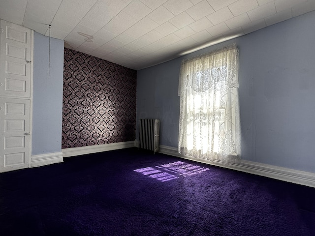 spare room with carpet flooring and radiator heating unit