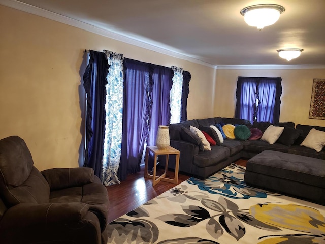 living room featuring wood-type flooring and ornamental molding