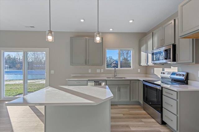 kitchen with gray cabinetry, sink, a healthy amount of sunlight, and appliances with stainless steel finishes