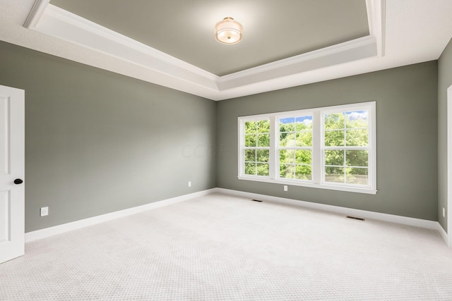 carpeted empty room featuring a tray ceiling and ornamental molding