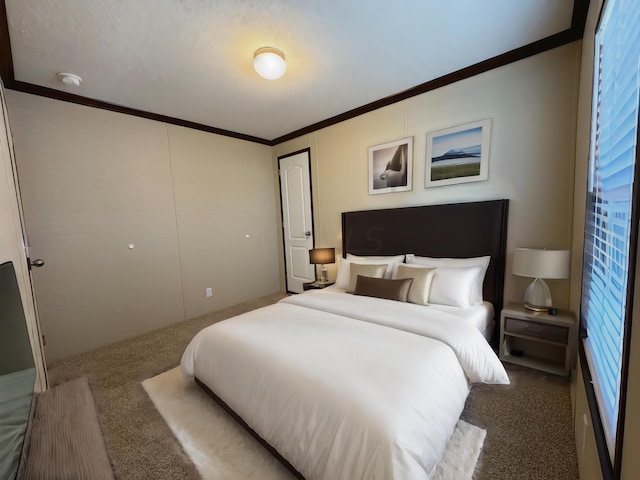 bedroom featuring crown molding and carpet