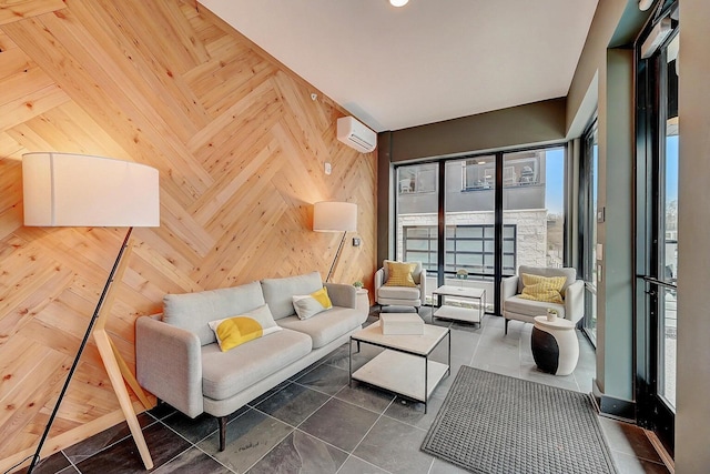 living room with a wall unit AC and wood walls