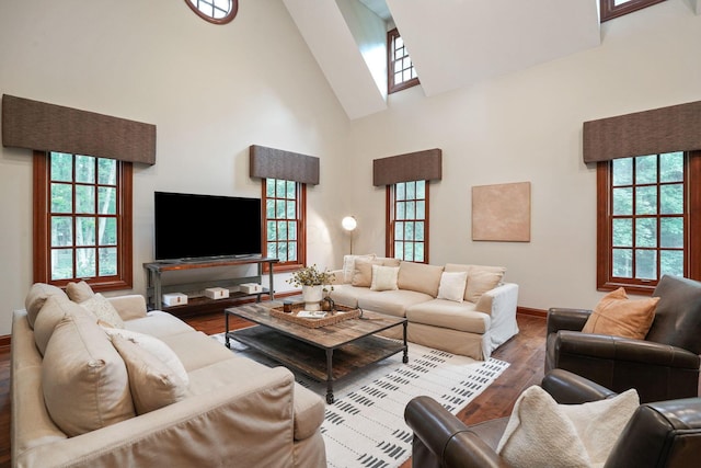 living room featuring hardwood / wood-style floors and high vaulted ceiling