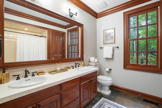 bathroom featuring a shower with curtain, crown molding, toilet, decorative backsplash, and vanity