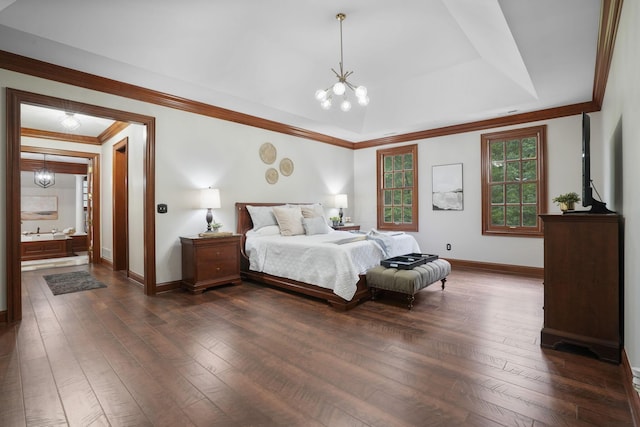 bedroom with a chandelier, dark hardwood / wood-style flooring, and ornamental molding