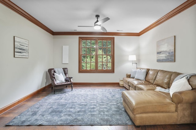 living room with ceiling fan, ornamental molding, and hardwood / wood-style flooring