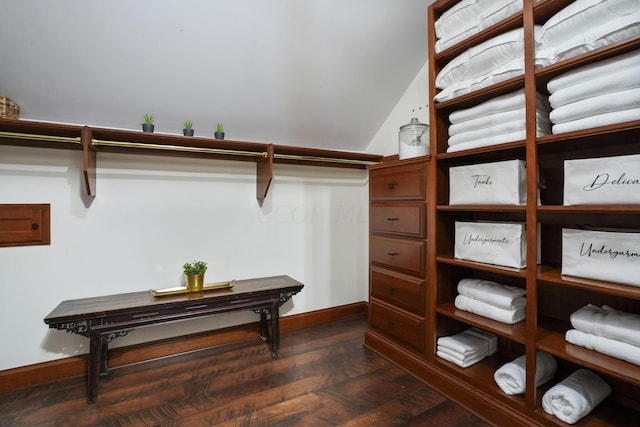 spacious closet with dark hardwood / wood-style flooring and vaulted ceiling