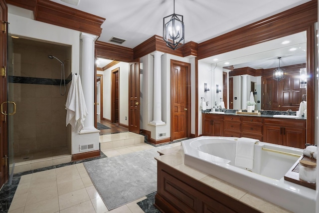 bathroom featuring plus walk in shower, ornamental molding, tile patterned floors, and a notable chandelier