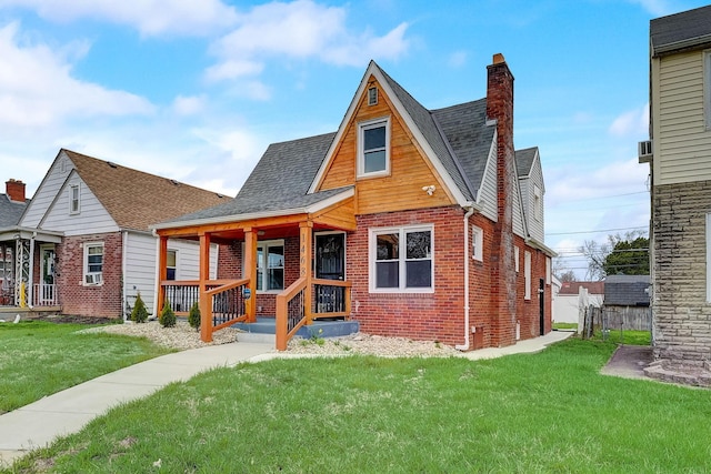 1468 E Whittier St, Columbus, OH 43206 - view of front of house with brick siding, a front lawn, covered porch, and a chimney