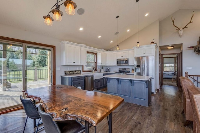 kitchen featuring appliances with stainless steel finishes, dark wood-type flooring, pendant lighting, white cabinetry, and a kitchen island