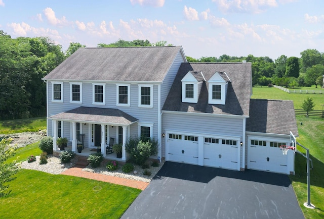 view of front of house with a front lawn, a garage, and a porch