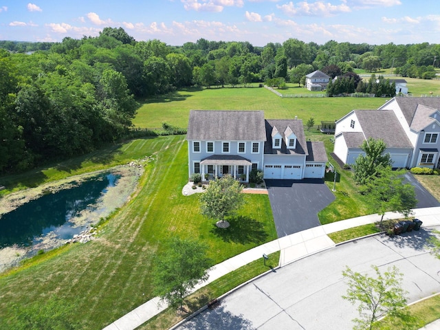 aerial view featuring a water view