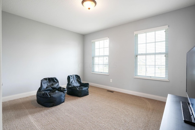 living area featuring carpet