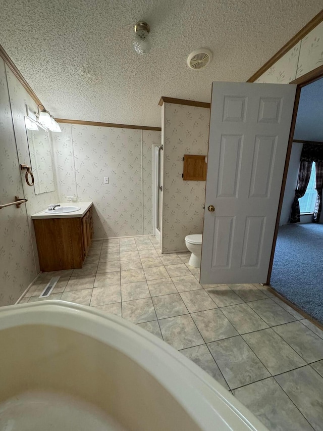 bathroom featuring vanity, crown molding, and a textured ceiling