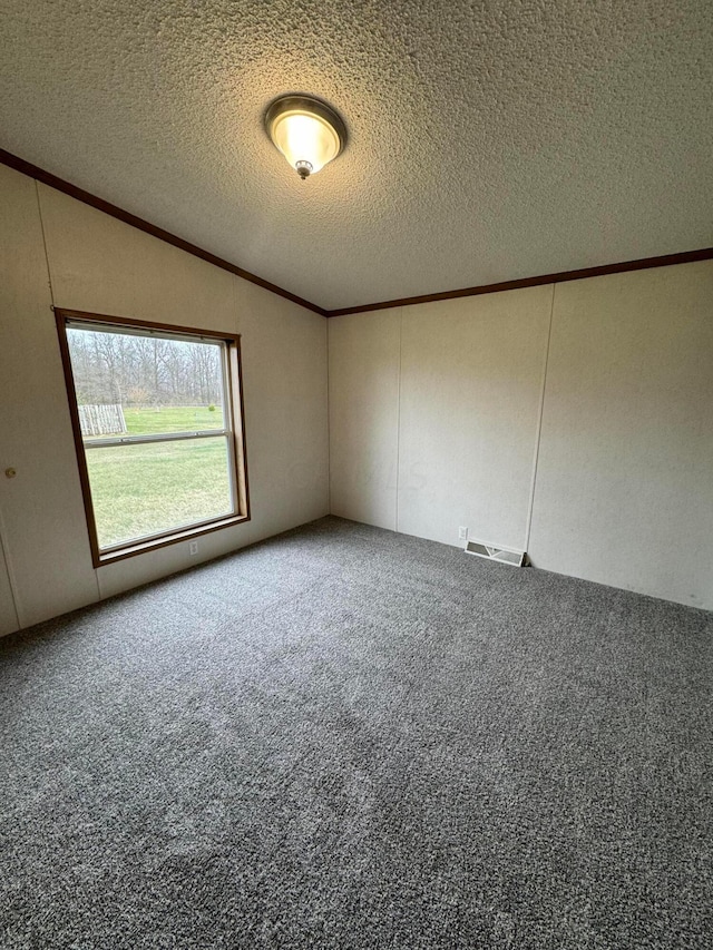 unfurnished room with vaulted ceiling, carpet flooring, and a textured ceiling