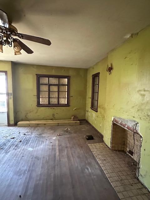 miscellaneous room featuring ceiling fan and dark hardwood / wood-style floors