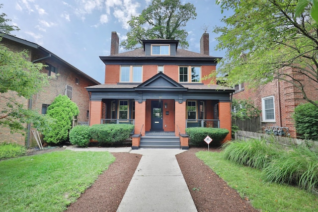 view of front of home with covered porch and a front lawn