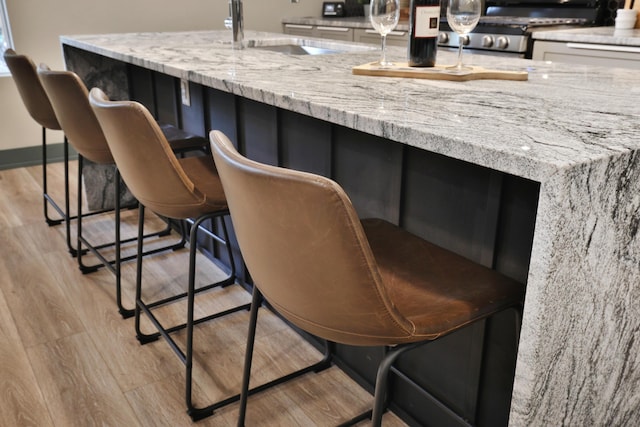 bar with light wood-type flooring, stainless steel stove, light stone counters, and sink