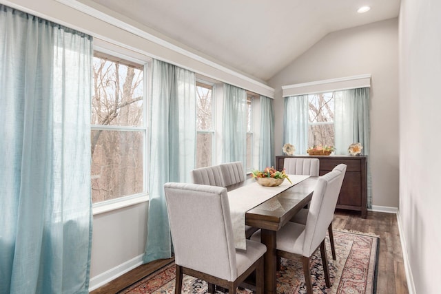 dining room with dark hardwood / wood-style flooring and lofted ceiling