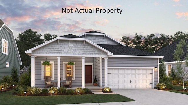 craftsman house with covered porch, a garage, and a lawn