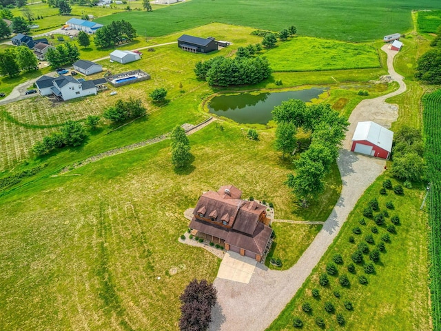 aerial view featuring a water view and a rural view