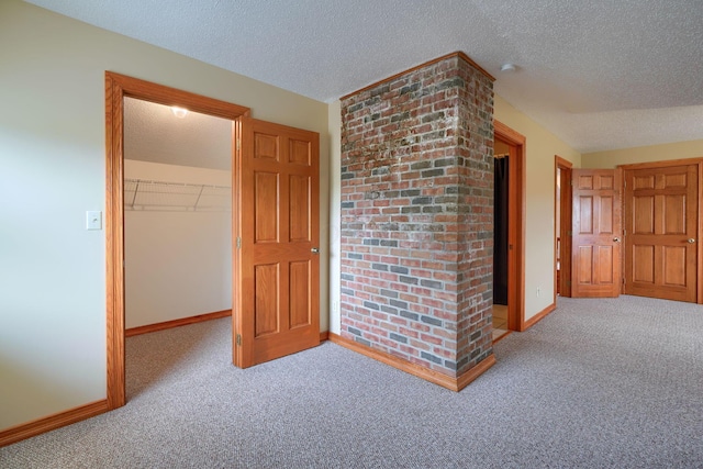 interior space with light carpet, a textured ceiling, a spacious closet, and a closet