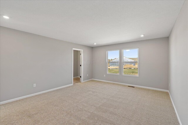 unfurnished room with light colored carpet and a textured ceiling