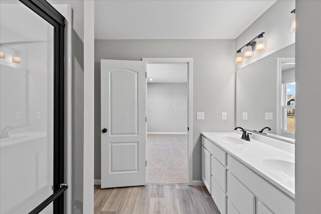 bathroom with vanity, wood-type flooring, and a textured ceiling