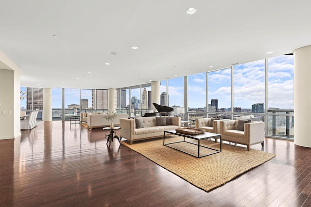 living room featuring a wall of windows, wood-type flooring, and plenty of natural light