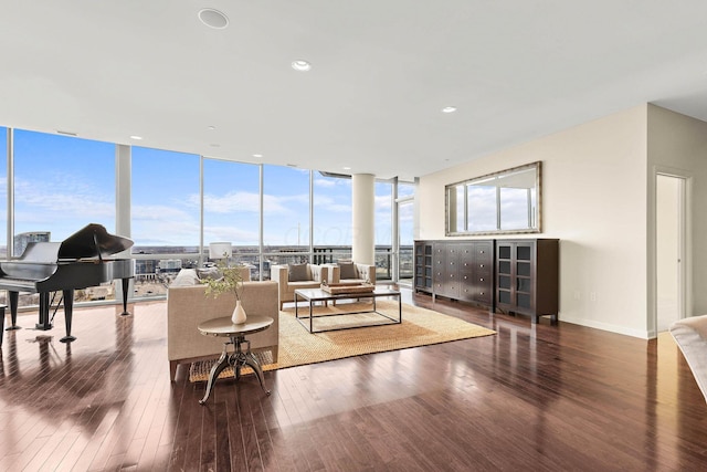 living room with dark wood-type flooring and floor to ceiling windows