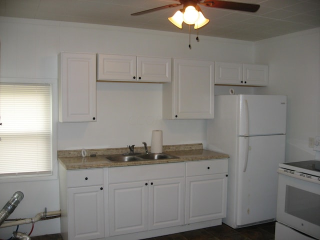 kitchen featuring white cabinetry, white appliances, and sink