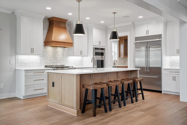 kitchen featuring white cabinetry, a kitchen island with sink, stainless steel appliances, and custom range hood