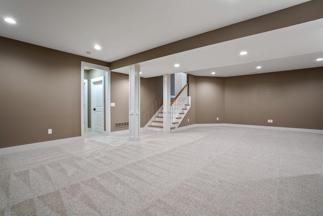 basement with light colored carpet