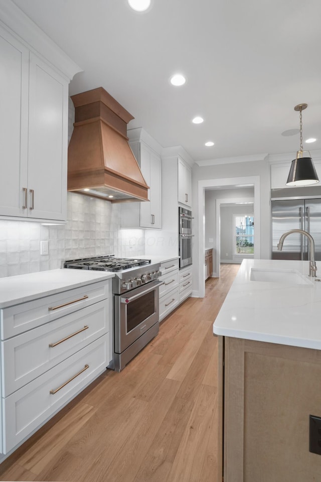 kitchen featuring sink, white cabinetry, premium appliances, light hardwood / wood-style floors, and custom range hood