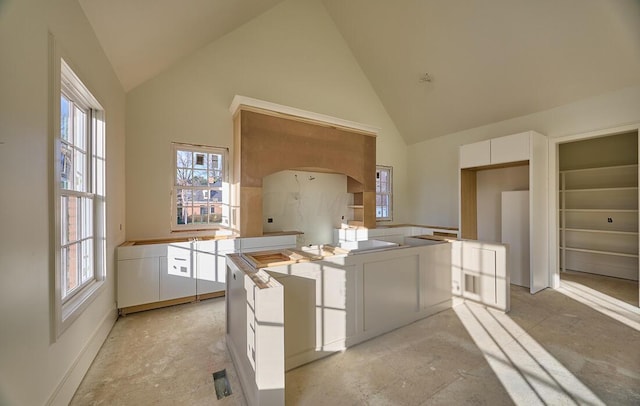 kitchen featuring white cabinets and high vaulted ceiling