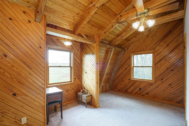 bonus room with ceiling fan, lofted ceiling with beams, wooden ceiling, carpet floors, and wood walls