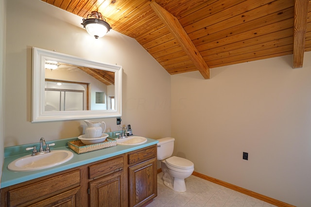 bathroom featuring wood ceiling, vanity, tile patterned flooring, vaulted ceiling with beams, and toilet