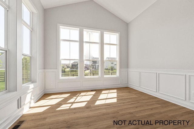 empty room featuring vaulted ceiling, light hardwood / wood-style flooring, and plenty of natural light