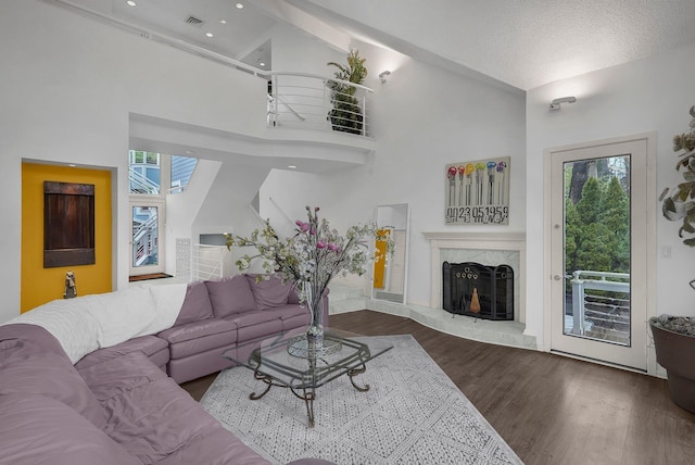 6730 Dublin Rd, Dublin, OH 43017 - living room with hardwood / wood-style floors, a wealth of natural light, a premium fireplace, and high vaulted ceiling
