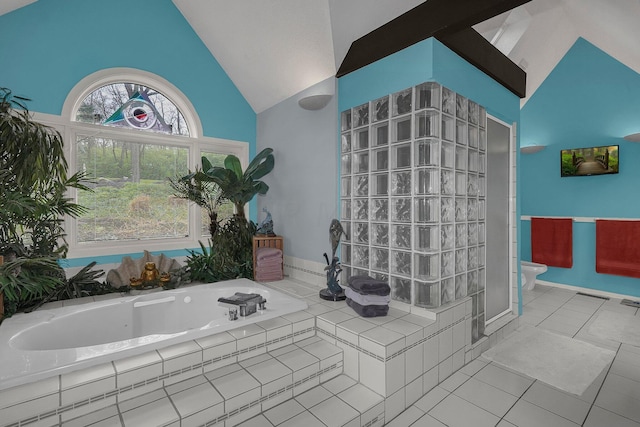 6730 Dublin Rd, Dublin, OH 43017 - bathroom with tile patterned flooring, high vaulted ceiling, shower with separate bathtub, and toilet