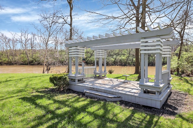 6730 Dublin Rd, Dublin, OH 43017 - wooden terrace with a pergola, a lawn, and a water view
