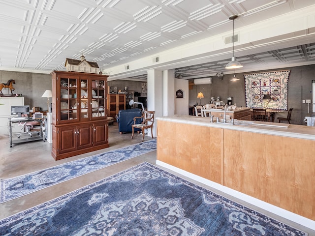 bar with pendant lighting and a wall unit AC