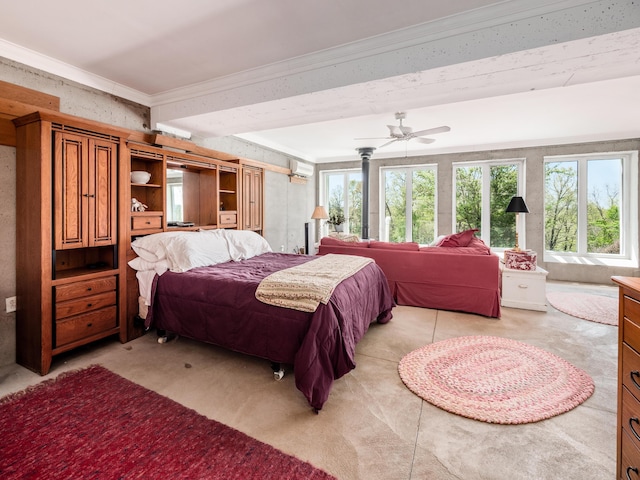 bedroom featuring ceiling fan, ornamental molding, a wall unit AC, and multiple windows