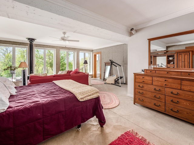 bedroom with ceiling fan and ornamental molding