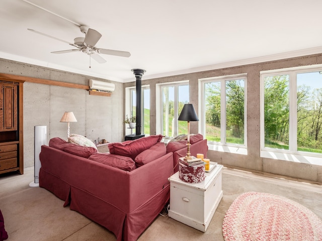 living room featuring ceiling fan, ornamental molding, and a wall mounted AC