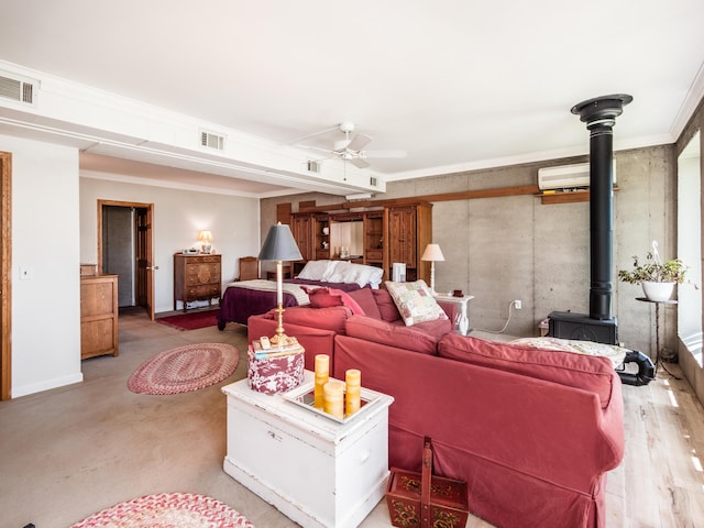 living room featuring a wall mounted AC, crown molding, ceiling fan, and light hardwood / wood-style floors