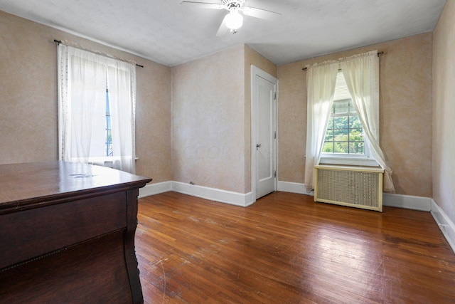 unfurnished office with ceiling fan, dark hardwood / wood-style flooring, and radiator heating unit