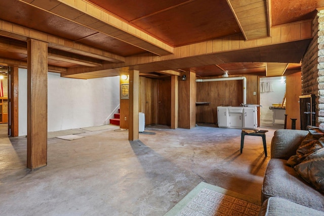 basement with wooden ceiling and wooden walls