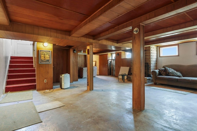 basement with wood ceiling and wooden walls