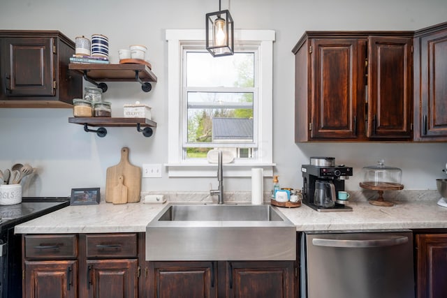 kitchen with electric stove, sink, hanging light fixtures, stainless steel dishwasher, and dark brown cabinets